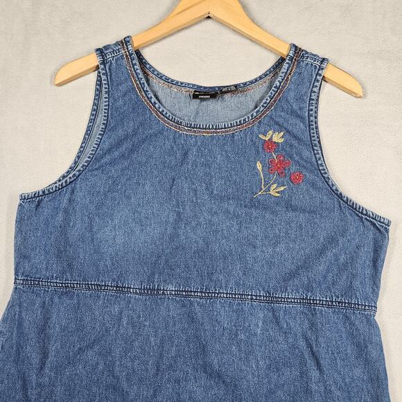 Vintage Erika Denim Dress Womens Large Jumper Blue Floral Modesty 90s Prairie - Picture 2 of 16